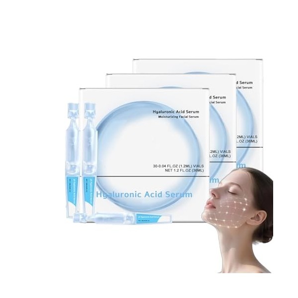 Lot de 30 ampoules stériles à lacide hyaluronique - 1,2 ml - 3 % de sérum 4D HA - Pour le visage - Crème hydratante pour pea