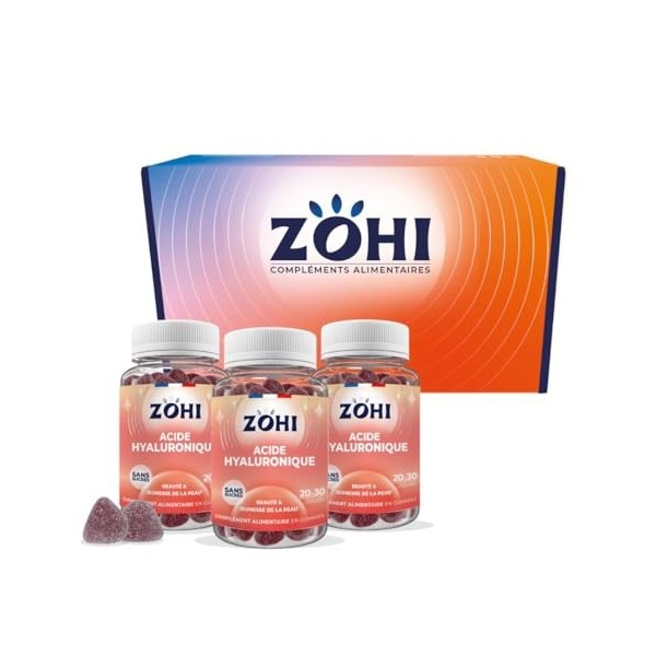 ZOHI-Coffret Compléments Alimentaires - 3 piluliers Acide Hyaluronique-Cure de 3 mois - 3 x 60 gommes de fruits goût Frambois