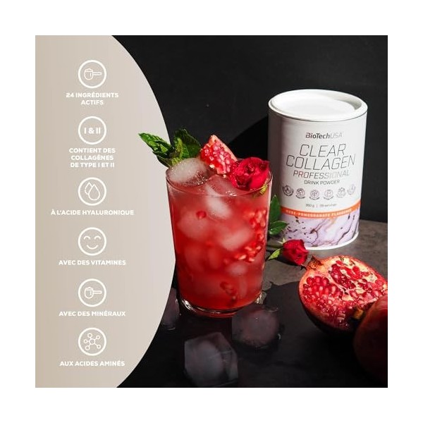 BioTechUSA Clear Collagen Professional | Boisson en poudre aromatisée | 20,275 mg de collagène de type I et II | Acide hyalur...