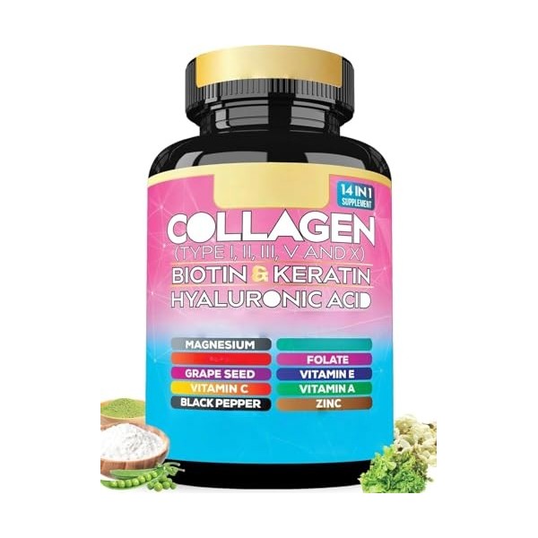 Peptides de collagène de types I, II, III, V et X, hyaluronique, santé des cheveux.