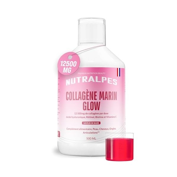 Nutralpes® Collagène marin hydrolysé liquide 12500mg | Glow - Eclat | Acide hyaluronique, rétinol, vitamine C, vitamine D3 | 
