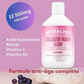 Nutralpes® Collagène marin hydrolysé liquide 12500mg | Glow - Eclat | Acide hyaluronique, rétinol, vitamine C, vitamine D3 | 