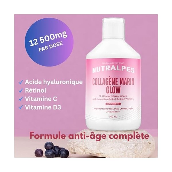 Nutralpes® Collagène marin hydrolysé liquide 12500mg | Glow - Eclat | Acide hyaluronique, rétinol, vitamine C, vitamine D3 | 