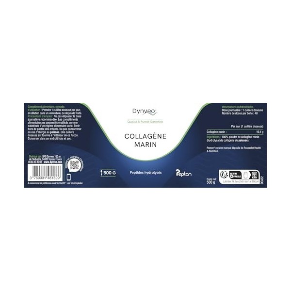 Collagène Marin hydrolysé - Peau souple & hydratée - Type 1 peptides bioactifs 2000 DA - Haute Biodisponibilité - Collagène e