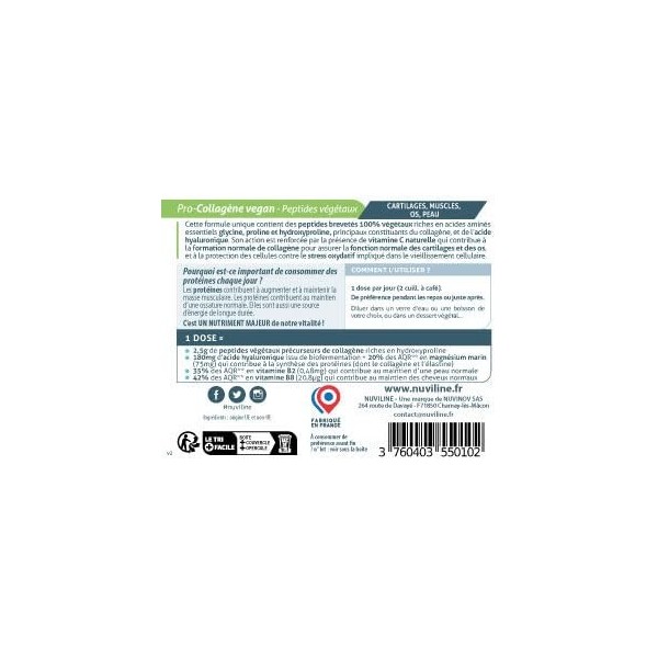NUVILINE Food - Pro-Collagène Végan - Complément Alimentaire Naturel - Peptides Végétaux + Acide Hyaluronique + Prêle + Vitam