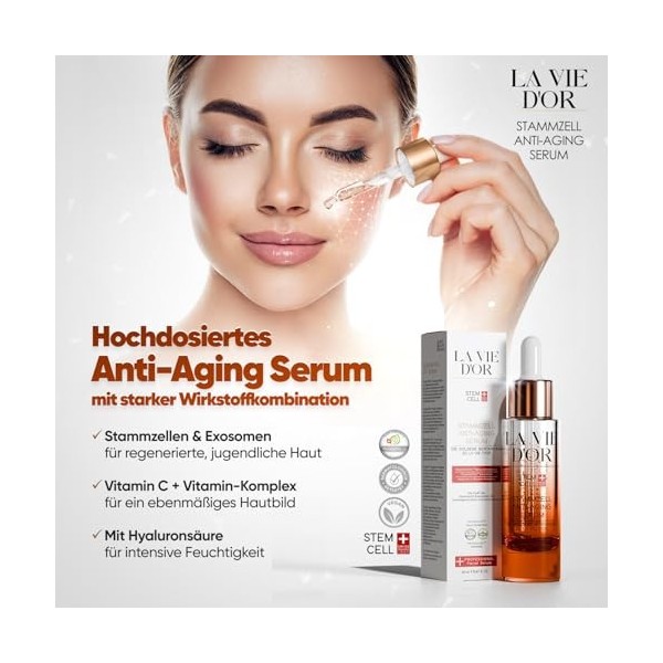 LaVieDor Sérum anti-âge hautement dosé 30 ml Stem Cell fitocell – Sérum visage à lacide hyaluronique avec vitamine C, E. Hau