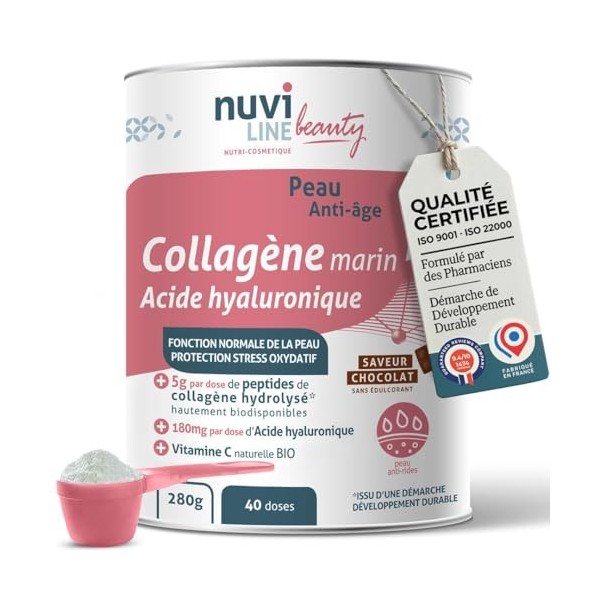 NUVILINE Beauty - Collagène Marin Peau Anti-Âge - Hydrolysé En Poudre - Acide Hyaluronique + Vitamine C BIO - Protection Stre...