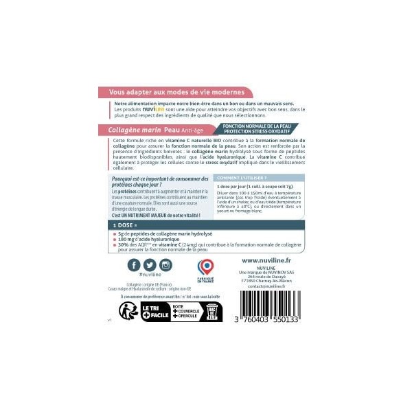 NUVILINE Beauty - Collagène Marin Peau Anti-Âge - Hydrolysé En Poudre - Acide Hyaluronique + Vitamine C BIO - Protection Stre...