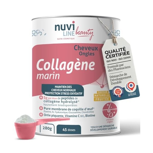 NUVILINE Beauty - Collagène Marin Peau Anti-Âge - Hydrolysé En Poudre - Acide Hyaluronique + Vitamine C BIO - Protection Stre...