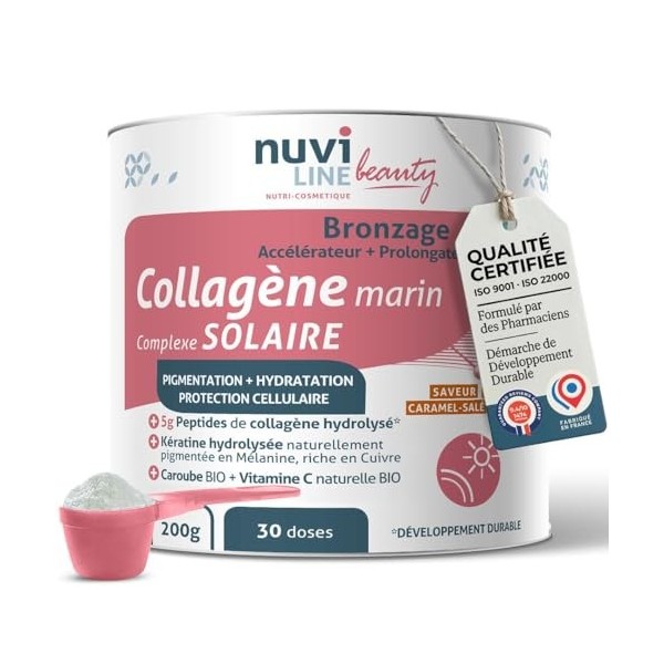NUVILINE Beauty - Collagène Marin Peau Anti-Âge - Hydrolysé En Poudre - Acide Hyaluronique + Vitamine C BIO - Protection Stre...
