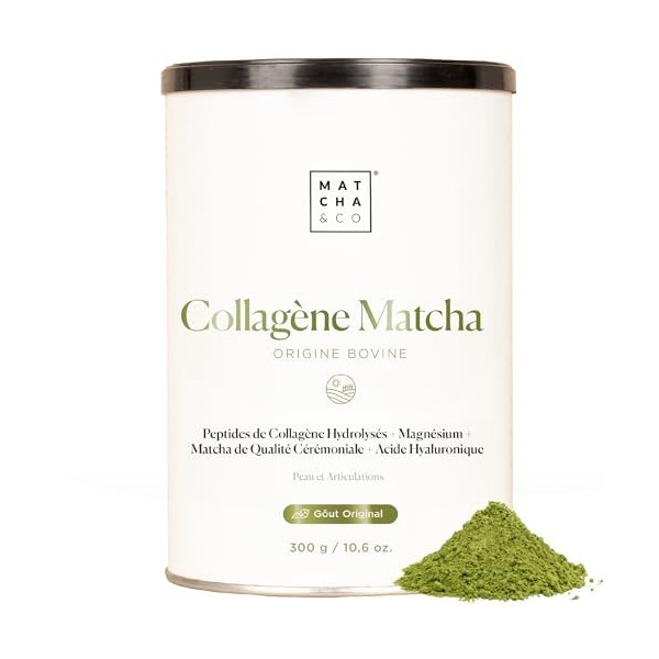 Matcha Collagène. Collagène avec Magnésium, Thé Matcha et Acide Hyaluronique. Articulations, peau et ongles. 300 g matcha col