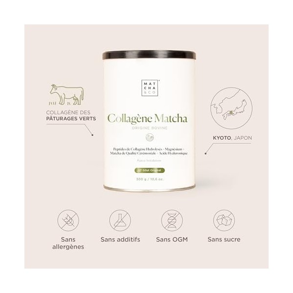 Matcha Collagène. Collagène avec Magnésium, Thé Matcha et Acide Hyaluronique. Articulations, peau et ongles. 300 g matcha col