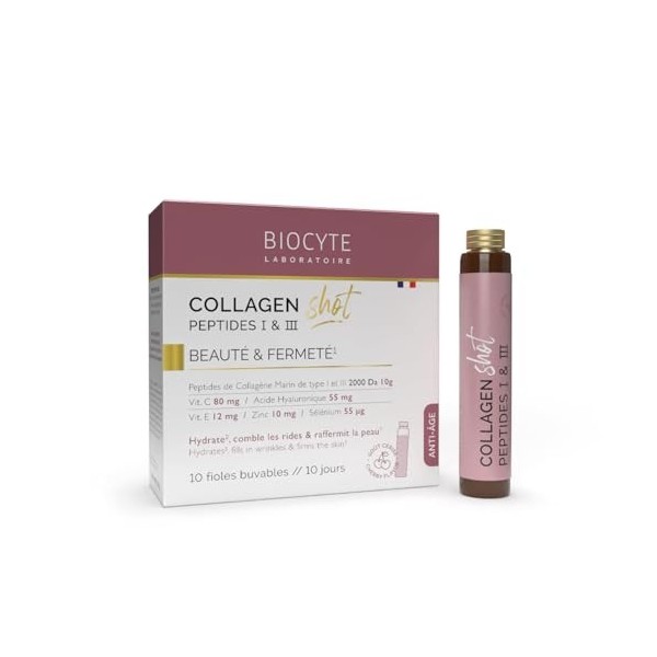 BIOCYTE Collagen Shot - Hydrate, Comble les Rides, Raffermit la Peau - Complément Alimentaire Collagène Marin, Acide Hyaluron...