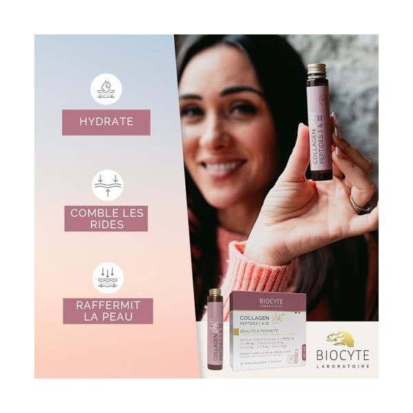 BIOCYTE Collagen Shot - Hydrate, Comble les Rides, Raffermit la Peau - Complément Alimentaire Collagène Marin, Acide Hyaluron...