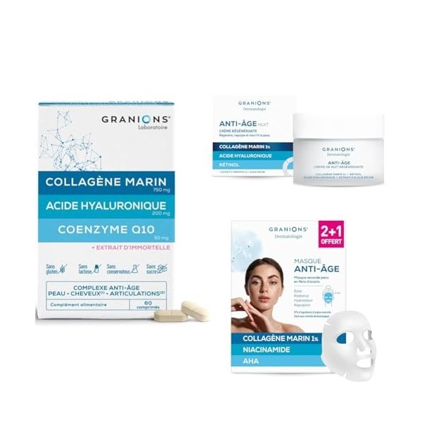 Night Routine - GRANIONS - Collagene et Acide Hyaluronique + Coenzyme Q10 Comprimés - CREME DE NUIT 50 mL + MASQUE 2+1 OFFERT