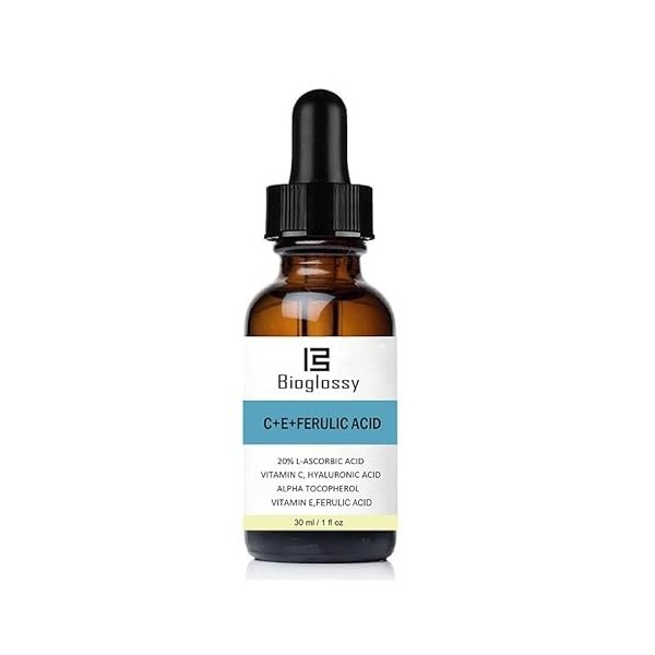 Bioglossy Vitamine Ce Sérum Acide Ferulinique 20% Vitamine C Sérum + Vitamine E et Acide Hyaluronique - Hydratant pour la pea