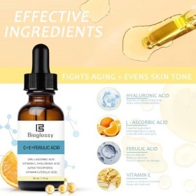 Bioglossy Vitamine Ce Sérum Acide Ferulinique 20% Vitamine C Sérum + Vitamine E et Acide Hyaluronique - Hydratant pour la pea