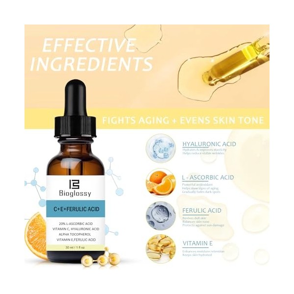 Bioglossy Vitamine Ce Sérum Acide Ferulinique 20% Vitamine C Sérum + Vitamine E et Acide Hyaluronique - Hydratant pour la pea