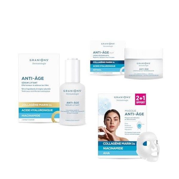 Skincare Night Routine - GRANIONS - SERUM 30mL + CREME DE NUIT 50 mL + MASQUE 2+1 OFFERT - Collagene et Acide Hyaluronique - 