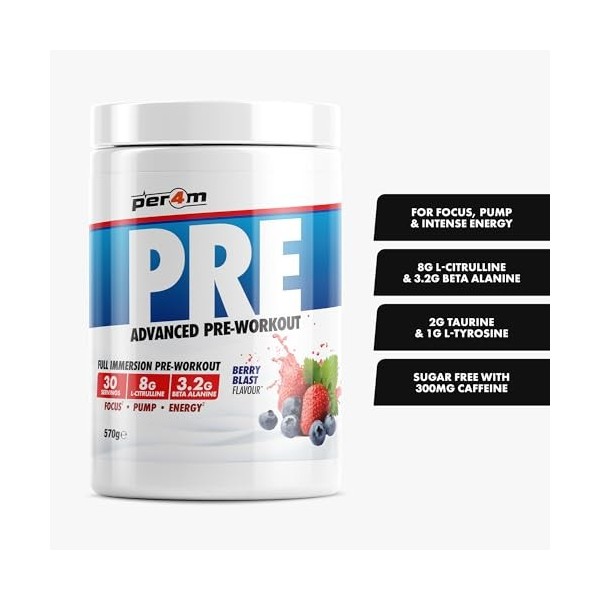 Per4m Pré-Entraînement Stimulant Berry Blast 570g – Pré-workout stimulant goût explosion de baies pour l’énergie et la concen