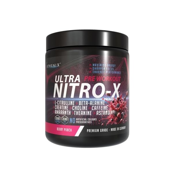 ATHENIX® Ultra Nitro-X Pre-Workout | Berry Punch | 5000 mg de L-citrulline + 2500 mg de bêta-alanine + créatine, caféine, Ast