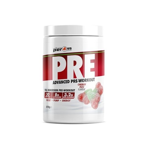 Per4m Pré-Entraînement Stimulant Cerise Pétillante 570g – Pré-workout stimulant goût cerise pétillante pour l’énergie et le f