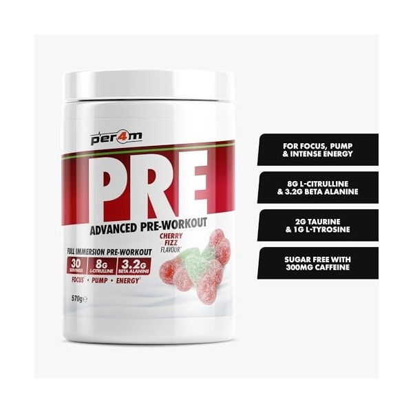 Per4m Pré-Entraînement Stimulant Cerise Pétillante 570g – Pré-workout stimulant goût cerise pétillante pour l’énergie et le f