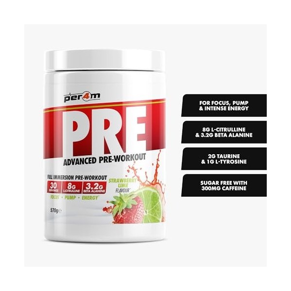 Per4m Pré-Entraînement Stimulant Fraise Citron Vert 570g – Pré-workout stimulant goût fraise citron vert pour une performance