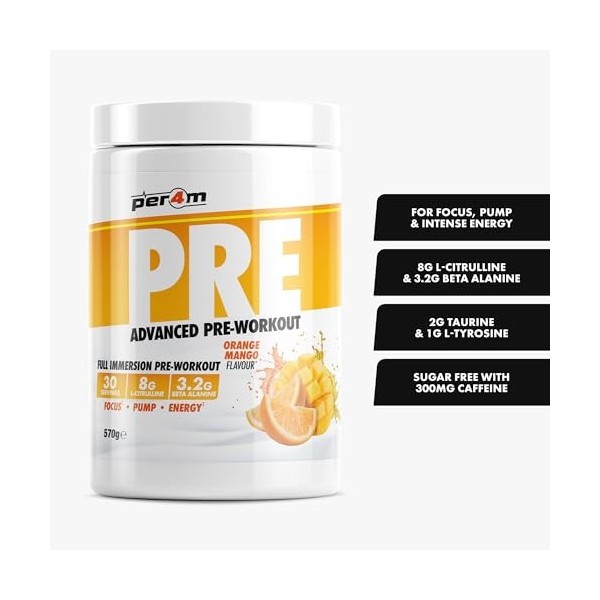 Per4m Pré-Entraînement Stimulant Orange Mangue 570g – Pré-workout stimulant goût orange mangue pour une performance maximale