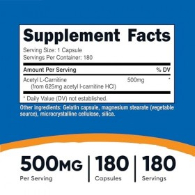 Nutricost Acétyl L-Carnitine 500 mg, 180 gélules - Sans OGM et sans gluten