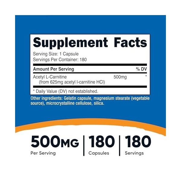 Nutricost Acétyl L-Carnitine 500 mg, 180 gélules - Sans OGM et sans gluten
