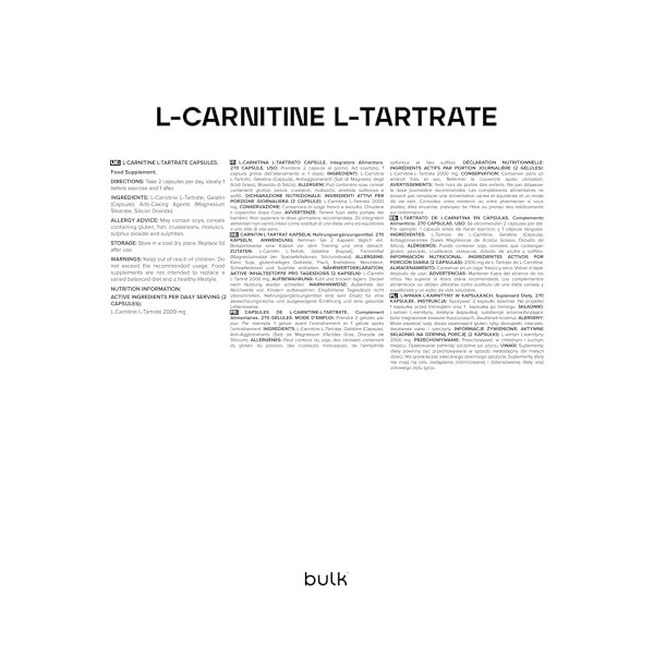 Capsules de L-carnitine, L-tartrate en vrac, 1000 mg, paquet de 270, lemballage peut varier