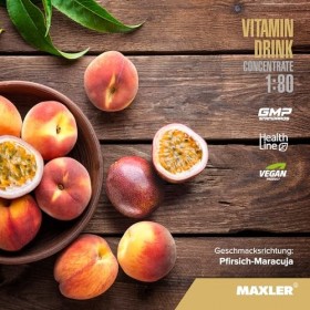 Maxler Vitamin Drink Concentrate 1:80 - Pêche-Fruit de la Passion - 500 ml - Combinaison hautement concentrée de vitamines B,