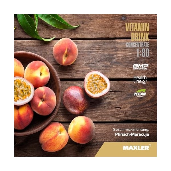 Maxler Vitamin Drink Concentrate 1:80 - Pêche-Fruit de la Passion - 500 ml - Combinaison hautement concentrée de vitamines B,