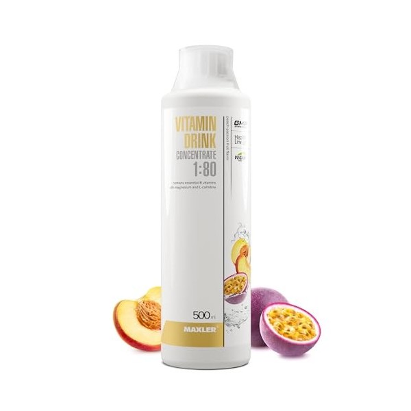 Maxler Vitamin Drink Concentrate 1:80 - Pêche-Fruit de la Passion - 500 ml - Combinaison hautement concentrée de vitamines B,