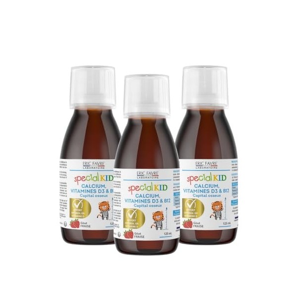 SPECIAL KID CALCIUM, VITAMINES D3 & B12 - Croissance & Développement Osseux - Solution Buvable 125 ml - Goût Fraise - Bouchon...