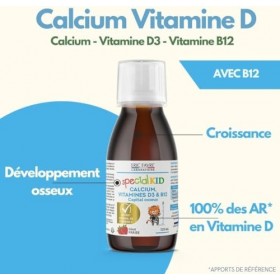 SPECIAL KID CALCIUM, VITAMINES D3 & B12 - Croissance & Développement Osseux - Solution Buvable 125 ml - Goût Fraise - Bouchon...