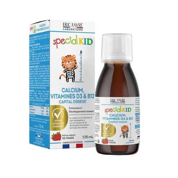 SPECIAL KID CALCIUM, VITAMINES D3 & B12 - Croissance & Développement Osseux - Solution Buvable 125 ml - Goût Fraise - Bouchon...