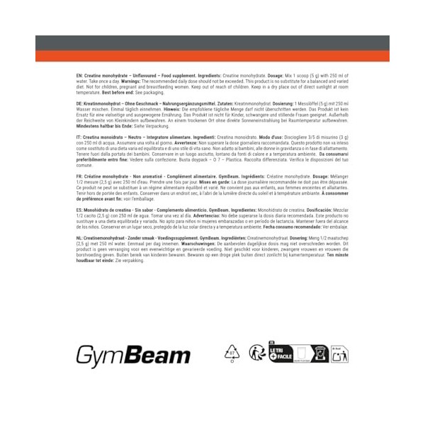 GymBeam Créatine Monohydrate Poudre – Monohydrate de créatine pur, idéal pour musculation et sports d’équipe, poudre soluble,...