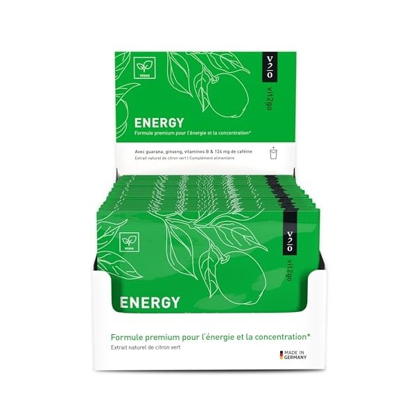 Vit2go ENERGY 30 sachets - Poudre pour boisson énergisante 124 mg , Guarana et Taurine, est votre boisson énergisante idéa