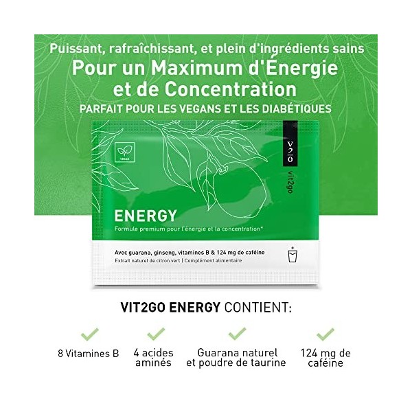 Vit2go ENERGY 30 sachets - Poudre pour boisson énergisante 124 mg , Guarana et Taurine, est votre boisson énergisante idéa