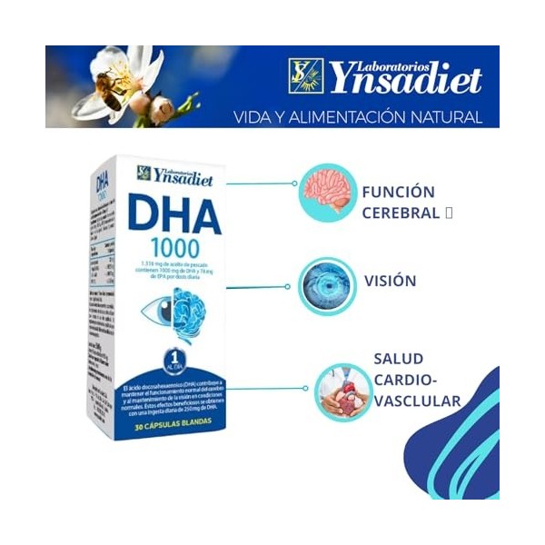 DHA 1000 Omega 3 Complément alimentaire pour la santé cérébrale et oculaire 30 gélules Ynsadiet