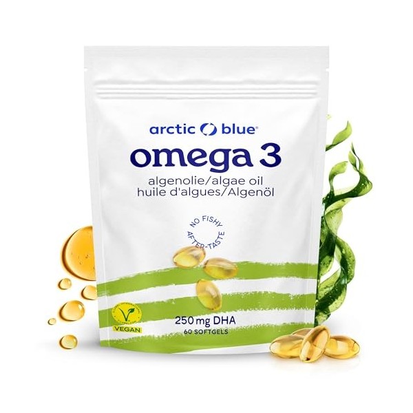 Arctic Blue Oméga 3 DHA Végétal 60 Capsules — 250 mg de DHA par Capsule — Huile d’Algues Norvégiennes Durable — Vegan, Sans G