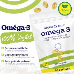 Arctic Blue Oméga 3 DHA Végétal 60 Capsules — 250 mg de DHA par Capsule — Huile d’Algues Norvégiennes Durable — Vegan, Sans G