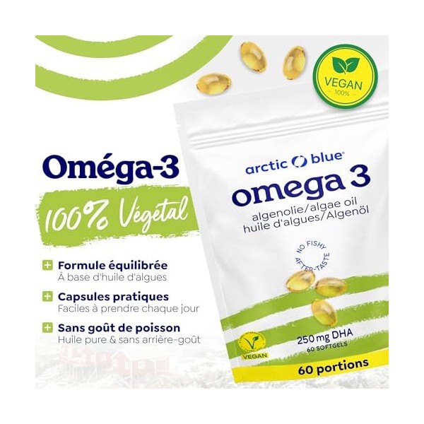 Arctic Blue Oméga 3 DHA Végétal 60 Capsules — 250 mg de DHA par Capsule — Huile d’Algues Norvégiennes Durable — Vegan, Sans G
