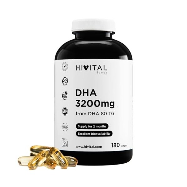 DHA 3200 mg. 180 capsules pour 2 mois de traitement. Avec de lHuile de Poisson Naturelle sous forme de Triglycéride. 100% Na