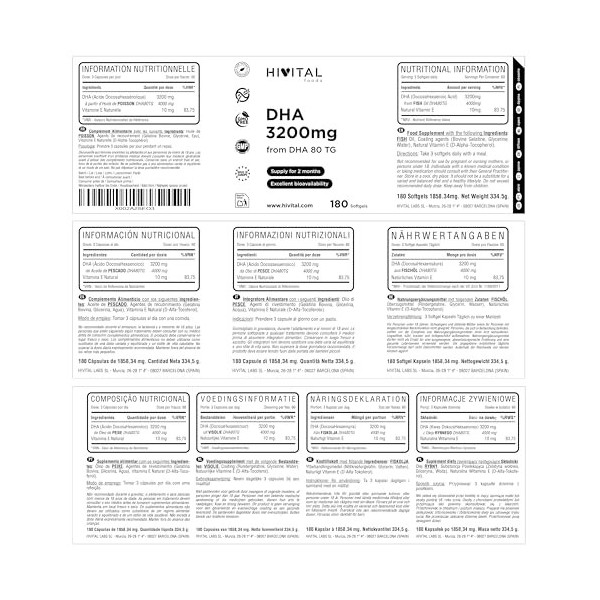 DHA 3200 mg. 180 capsules pour 2 mois de traitement. Avec de lHuile de Poisson Naturelle sous forme de Triglycéride. 100% Na