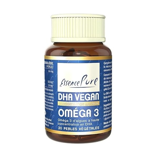 Oméga 3 Végane Essence Pure | 500 mg de DHA par Perle | Huile dAlgues Schizochytrium | Durable et 100% Végane | 30 Gélules V