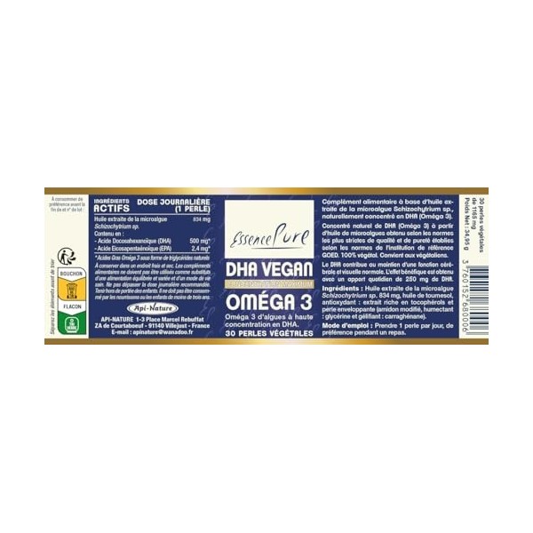 Oméga 3 Végane Essence Pure | 500 mg de DHA par Perle | Huile dAlgues Schizochytrium | Durable et 100% Végane | 30 Gélules V