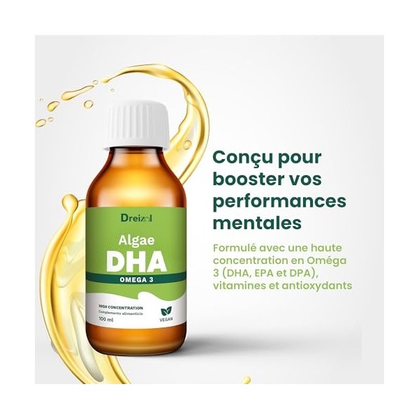 Dreizol by Brudy Lab Algae DHA – Huile oméga 3 végétalienne à base de microalgues, DHA avec vitamine E, saveur citron et ment